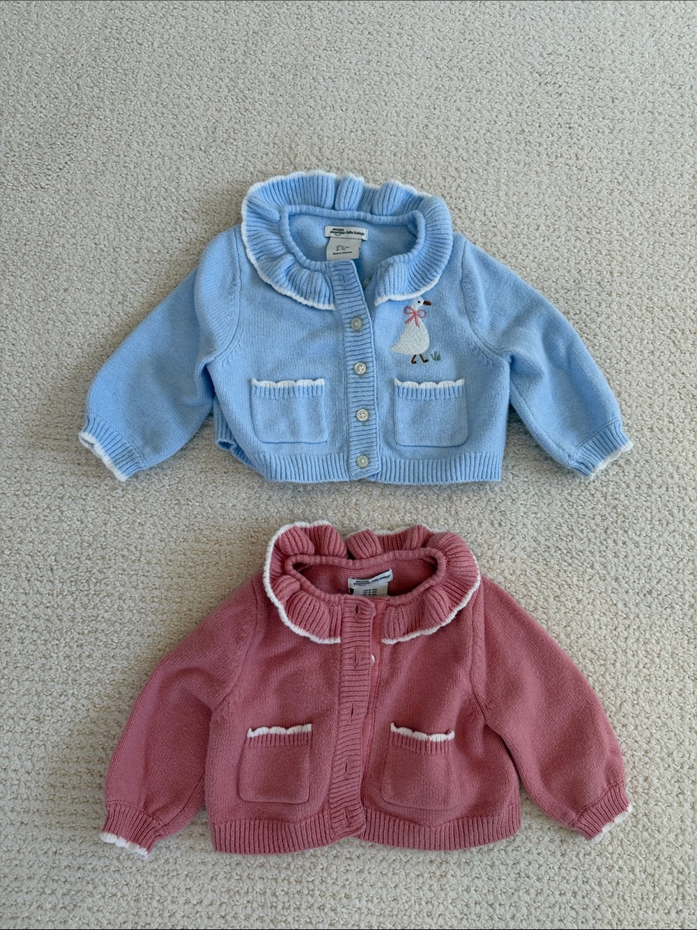 Amazon Essentials x Sofia Grange Pink and Blue Goose Ruffle Collar Knit Sweaters
